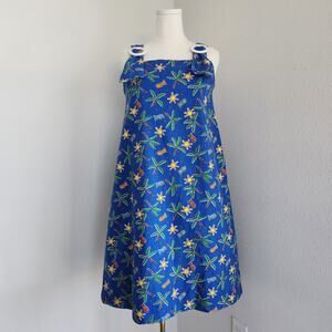 Vintage 80s/90s Blue Sundress Palm Tree Sun Fish Tropical Pattern Ring Straps M